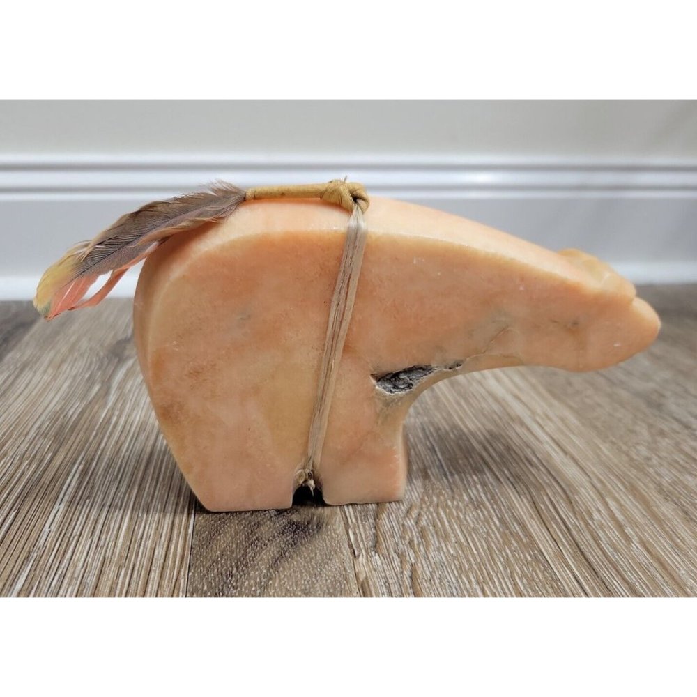 Rose Quartz Stone Fetish Bear Carved 6.5" x 4" Sinew Leather Feather "T Johnson"